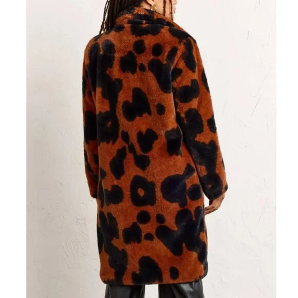 Stoosh Cowhide Print Faux Fur Coat in Brown and Black - Picture 3 of 6